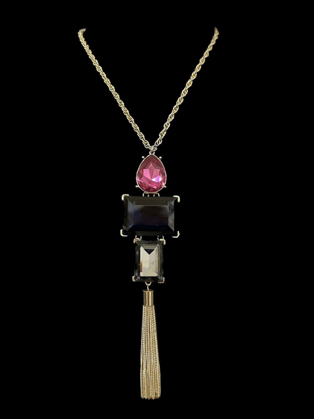 Gold Chain Pendant Necklace with Pink and Black Gemstones